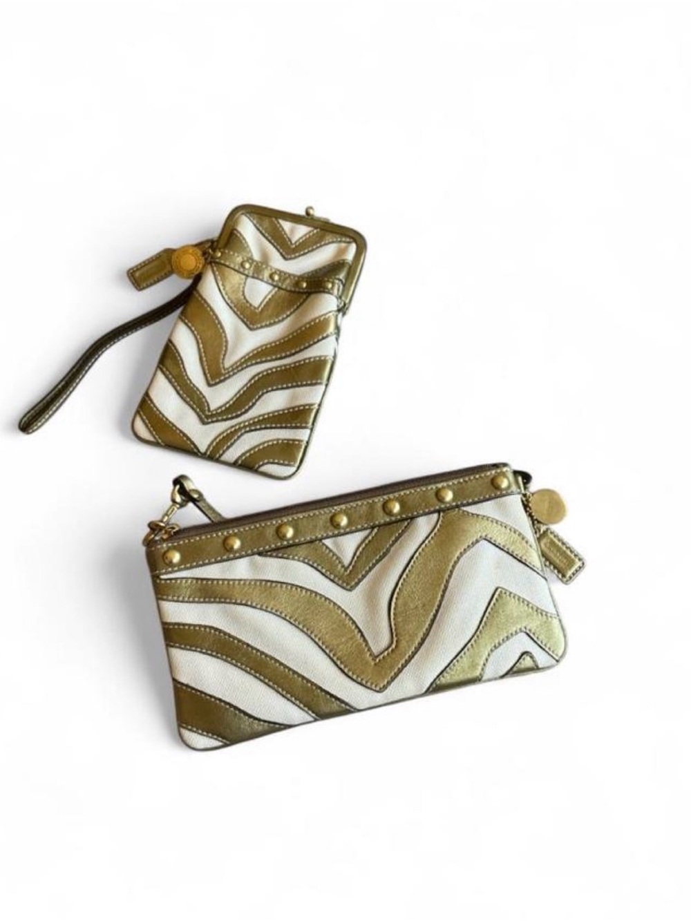 COACH Kisslock Pouch Stud Wallet + Zebra Wristlet Set VINTAGE Y2K Metallic Gold